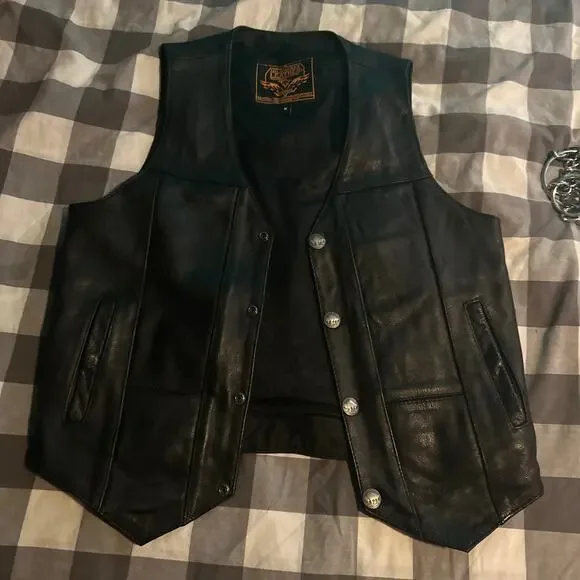 Mens Leather Biker Vest Snap Front w/Pockets Black Medium - Picture 1 of 1